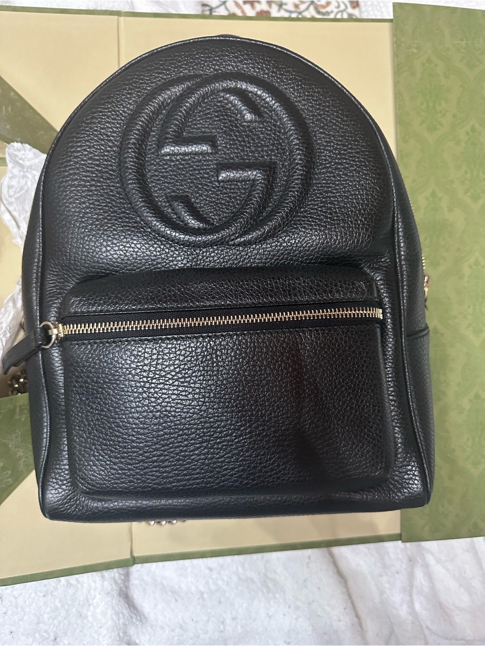 Gucci Black Pebbled Leather Backpack with Gold-Tone Zipper